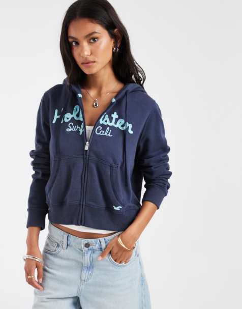 Hollister – Marinblå, kort huvtröja med klassisk logga och dragkedja - view 1