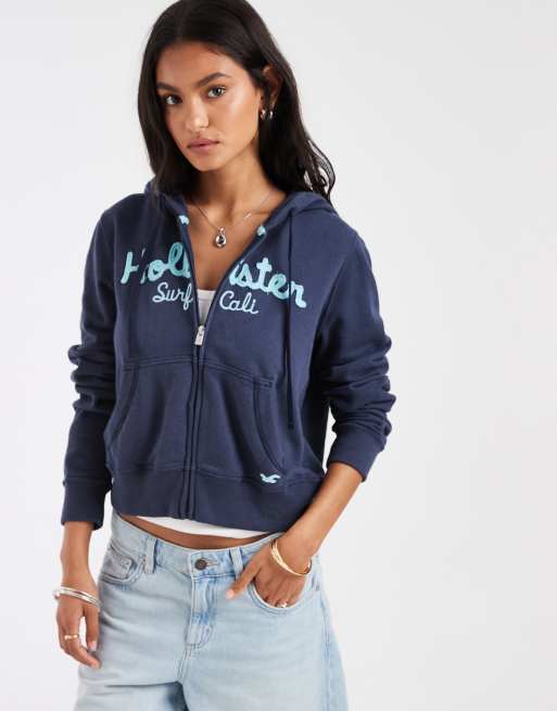 Hollister - Marineblå cropped hættetrøje med lynlås og klassisk logo
