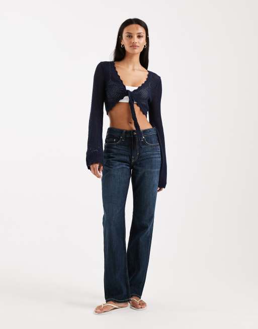 Hollister - Marineblå langærmet croptop med bindebånd foran, 3 af 4