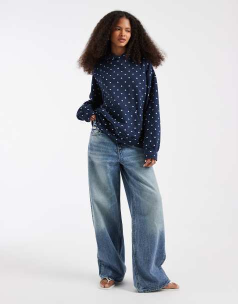 Hollister - Marineblå oversized hættetrøje med polkaprikker - view 1