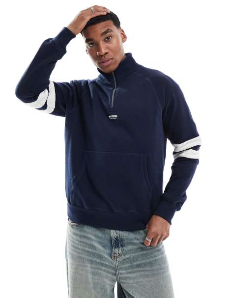 Hollister - Marineblå sweatshirt med lynlås i halsen og kontrastfarvet college-logodetalje i firkantet pasform - view 1