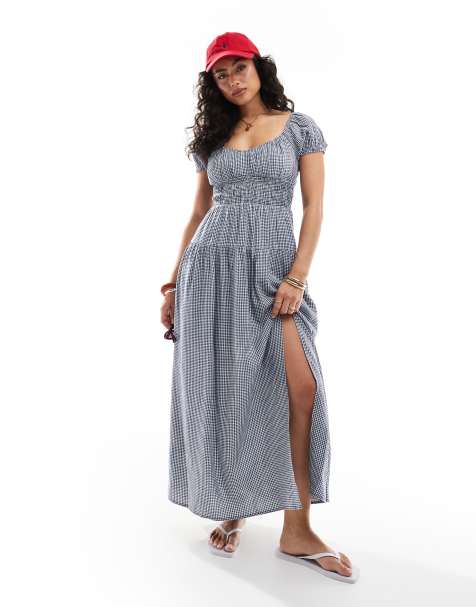 Hollister - Maxi-jurk in melkmeisjesstijl met korte mouwen en gesmockte taille in blauw picknickruitje - view 1