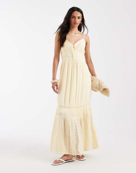 Hollister - Maxi jurk met bandjes en geborduurd kanten detail in geel - view 1