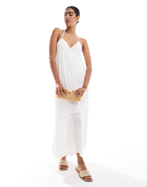 Hollister - Maxi jurk met halternek en stroken op de zoom in wit