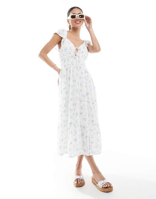 Hollister - Melkmeisjes midi jurk met korte mouwen en split in blauwe bloemenprint