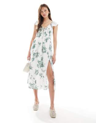 Hollister - Melkmeisjes midi jurk met korte mouwen en split in groene bloemenprint