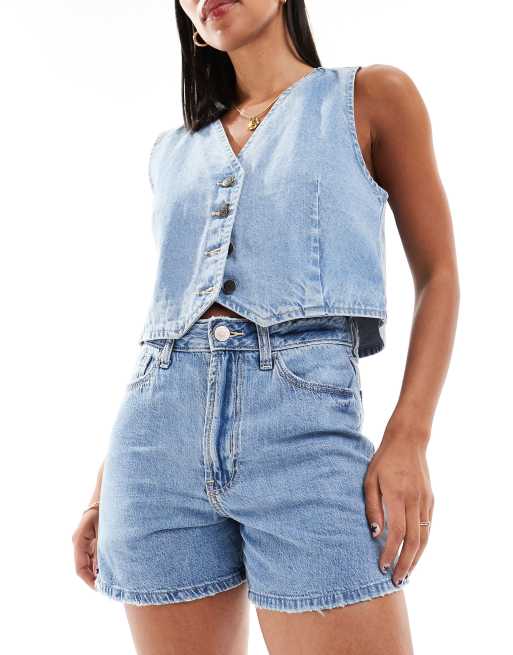 Hollister – Mellanblå jeansshorts i 90-tals passform med extra hög midja