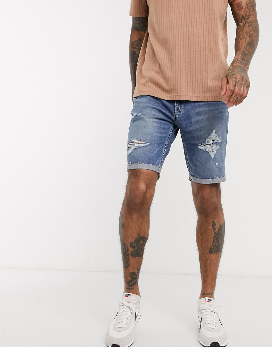 Hollister – Mellanblå, slitna jeansshorts med extra smal passform