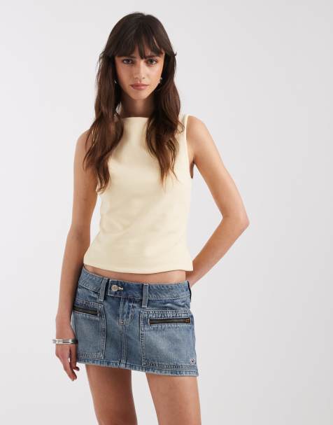 Hollister micro mini denim skort in mid blue wash