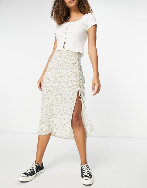 Hollister midi floral slit skirt in white floral print