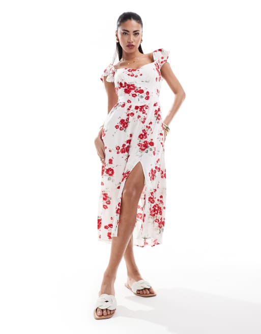 Hollister - Midi jurk met bloemenprint, fladdermouwen en V-taille in crème