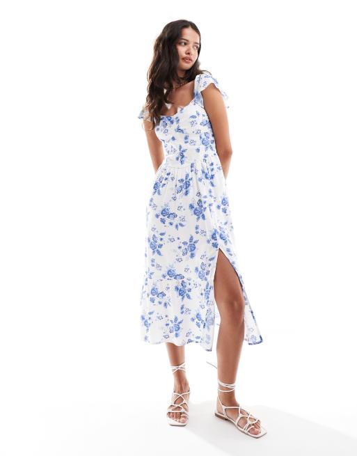 Hollister - Midi jurk met korte mouwen en tailledetail in blauwe bloemenprint