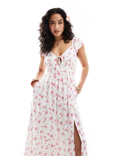 Hollister - Midi melkmeisjesjurk met korte mouwen en split in roze bloemenprint