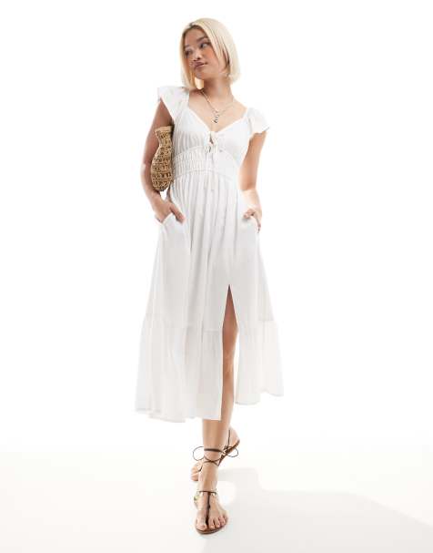 Hollister - Midi-melkmeisjesjurk met korte mouwen en split in wit - view 1