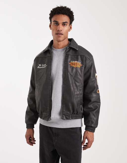 Hollister midweight leather graphic jacket in black, 4 of 5