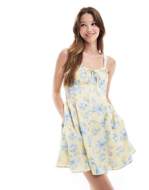 Hollister milkmaid drop waist button detail sleeveless mini dress in blue floral print - view 1
