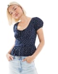 [Hollister] Hollister milkmaid short sleeve top in navy polka dot L Navy polka dot