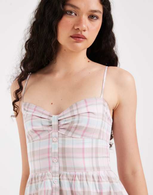 Hollister milkmaid smocked waist mini dress in pink and brown plaid-Multi