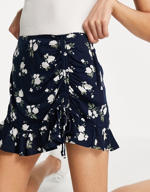 Hollister mini swing ruched skirt with floral print in navy