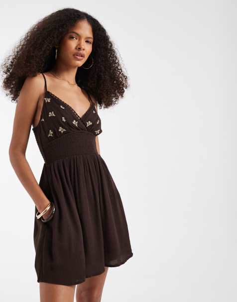 Hollister - Mini jurk met V-hals en bandjes in bruin - view 1