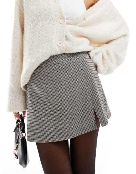 Hollister mini split front skort in brown check - view 1