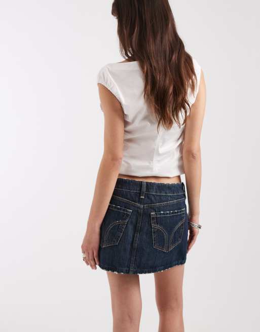 Hollister - Minigonna in denim blu scuro slavato con lacci stile Y2K, 4 di 5