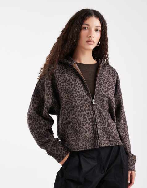 Hollister mino logo batwing zip through hoodie in leopard print - view 1