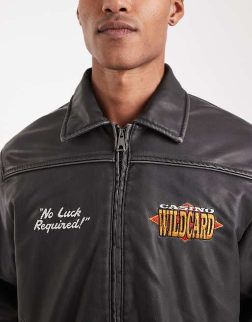 Hollister – Mittelschwere Lederjacke in Schwarz mit Grafik, 5 von 5