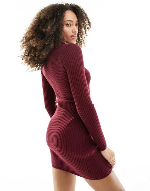 Hollister mock neck knitted dress in burgandy, 3 of 4