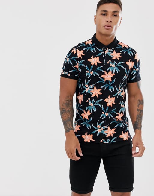 Hollister modern collar floral print pique polo in black | ASOS