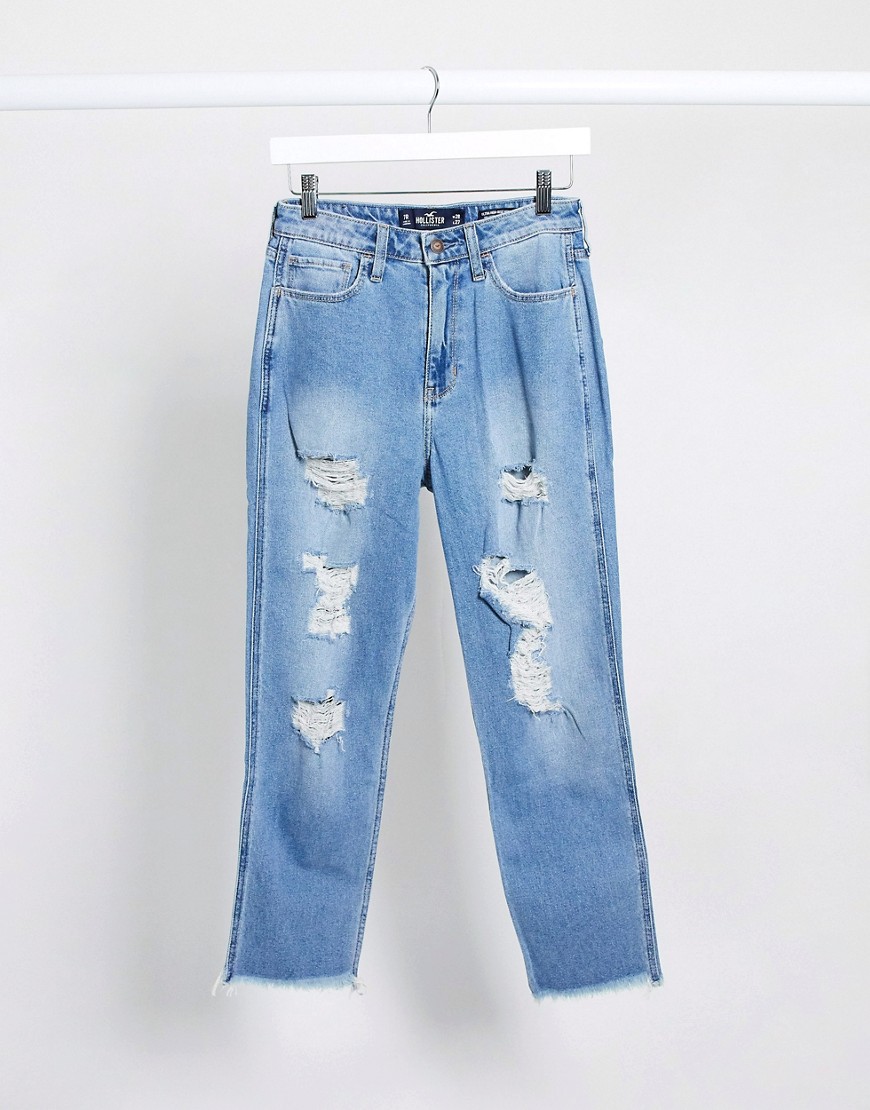 Hollister - Mom-jeans med slitage-Blå