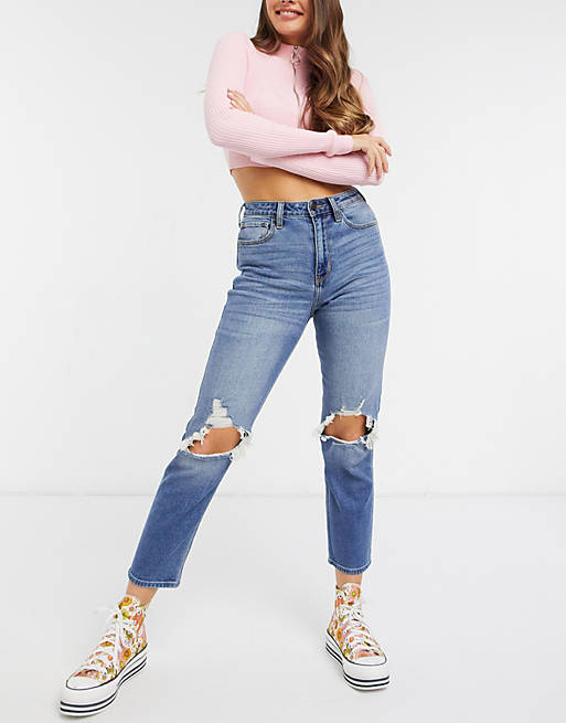 Hollister mom jeans with rips in darkwash blue