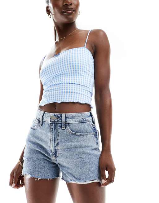 Hollister – Mom-Shorts in verwaschenem Blau mit hohem Bund