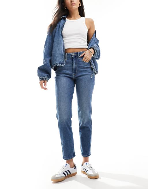 Hollister – Mörkblå mom jeans med hög midja