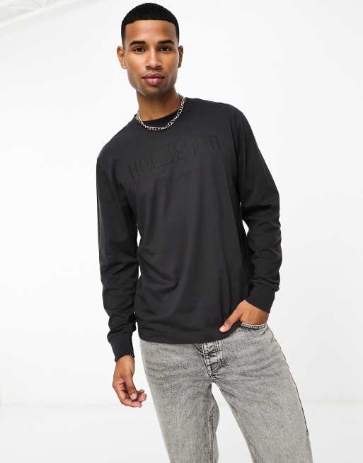 Hollister – Mörkgrå, långärmad t-shirt med logga framtill