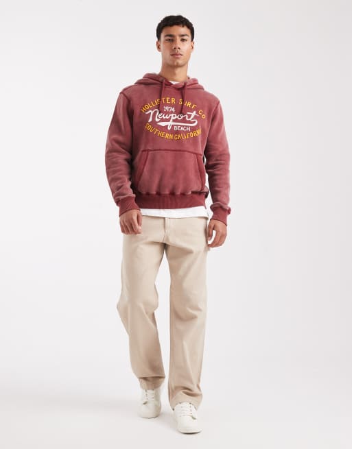 Hollister motif detail boxy pullover hoodie in burgundy, 2 of 5