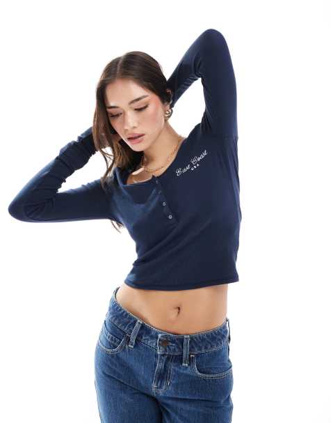 Hollister motif detail button through top in navy - view 1