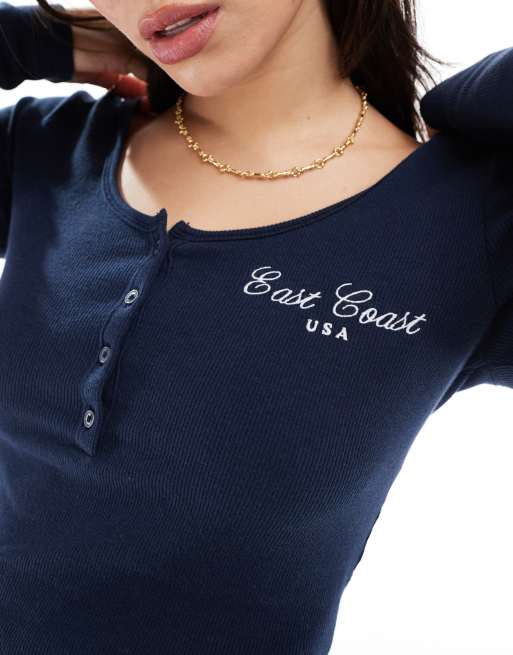 Hollister motif detail button through top in navy | ASOS