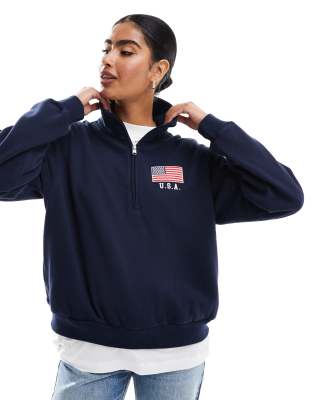Hollister Hollister motif detail half zip sweat top in navy