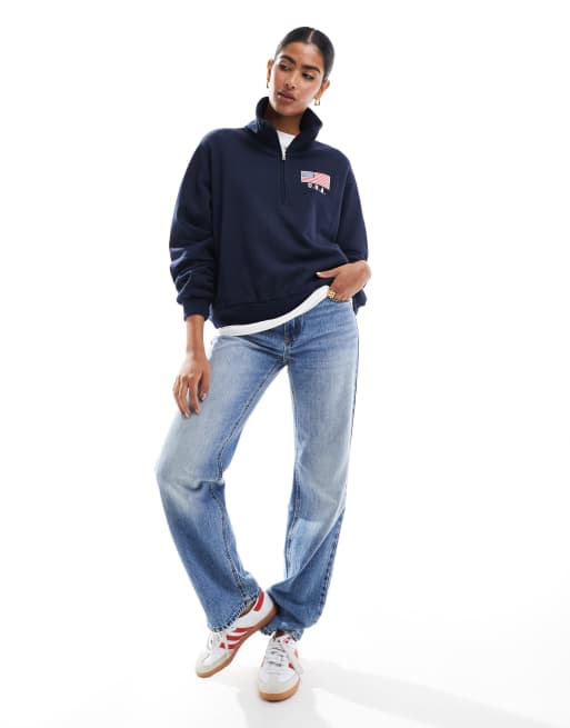 Hollister motif detail half zip sweat top in navy, 2 of 4