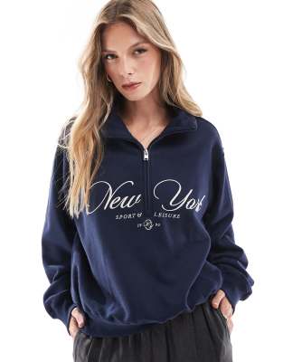 Hollister motif detail quarter zip sweat top in navy