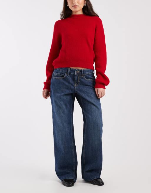 Hollister - Mørkeblå forvaskede bootcut-jeans med lav talje