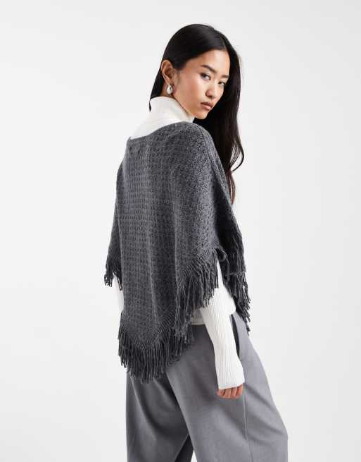 Hollister - Mørkegrå poncho i strik med frynsedetalje, 2 af 4
