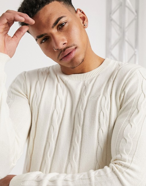 Hollister muscle fit cable crew neck knit jumper in cream