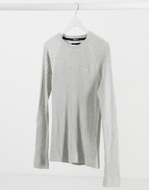 Hollister muscle fit crew neck knit jumper in light grey
