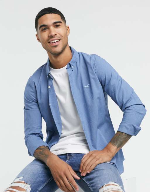 Hollister - Muscle-fit overhemd met lange mouwen en logo in blauw