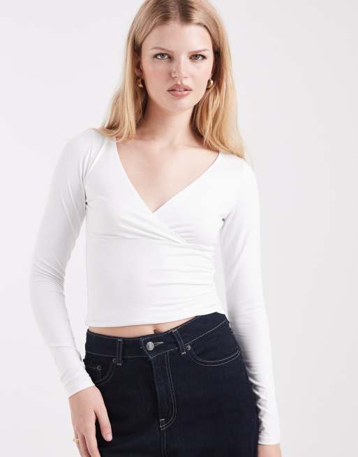 Hollister - Naadloze top met lange mouwen en overslag in wit