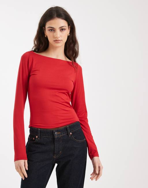 Hollister - Naadloze top met lange mouwen en rechte hals in rood