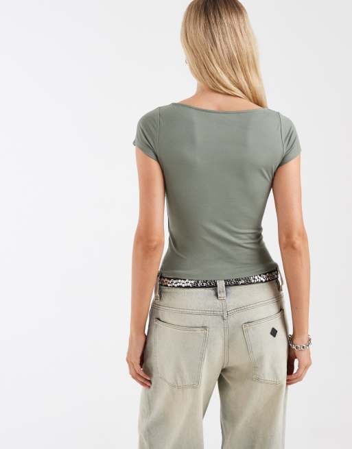 Hollister naadloze top met schuine hals in kaki, 2 van 4