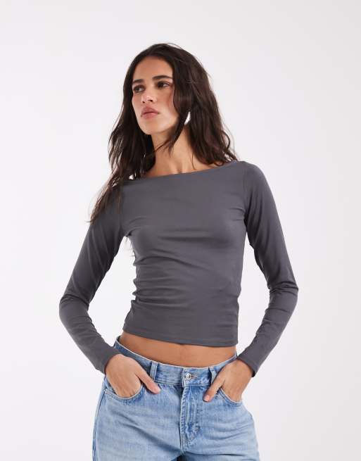 Hollister nahtloses Langarmshirt mit U-Boot-Ausschnitt in Anthrazit, 1 von 4